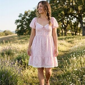 NWT Derek Heart Pink Lace-Trim Puff Sleeve Mini Dress